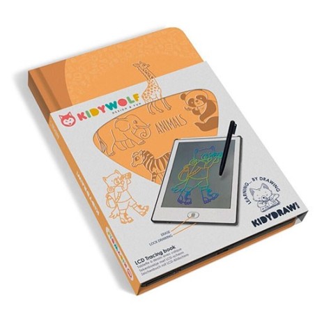 Tableta de dibujo original Kidydraw Mini Animales de Kidywolf en color amarillo con tarjetas de calco.