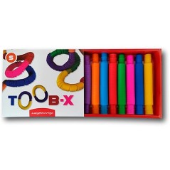 Caja del juego de construcción TOOB-X Tamaño S mostrando los ocho tubos sensoriales flexibles y expandibles de colores