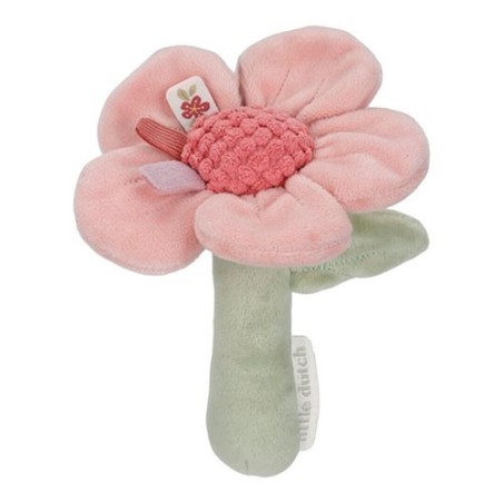 Sonajero de tela con forma de flor rosa y tallo verde de la colección Fairy Garden de Little Dutch