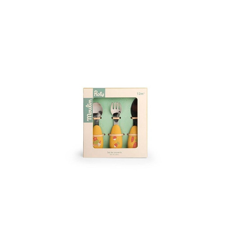 Set de 3 cubiertos silicona y acero bebé Moulin Roty- Petits Lapins