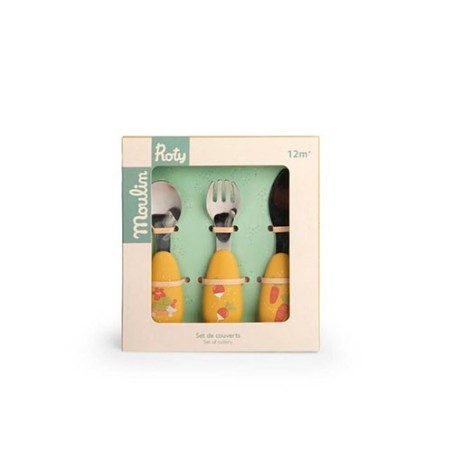 Cubiertos bebé silicona y acero  Petits Lapins de Moulin Roty.