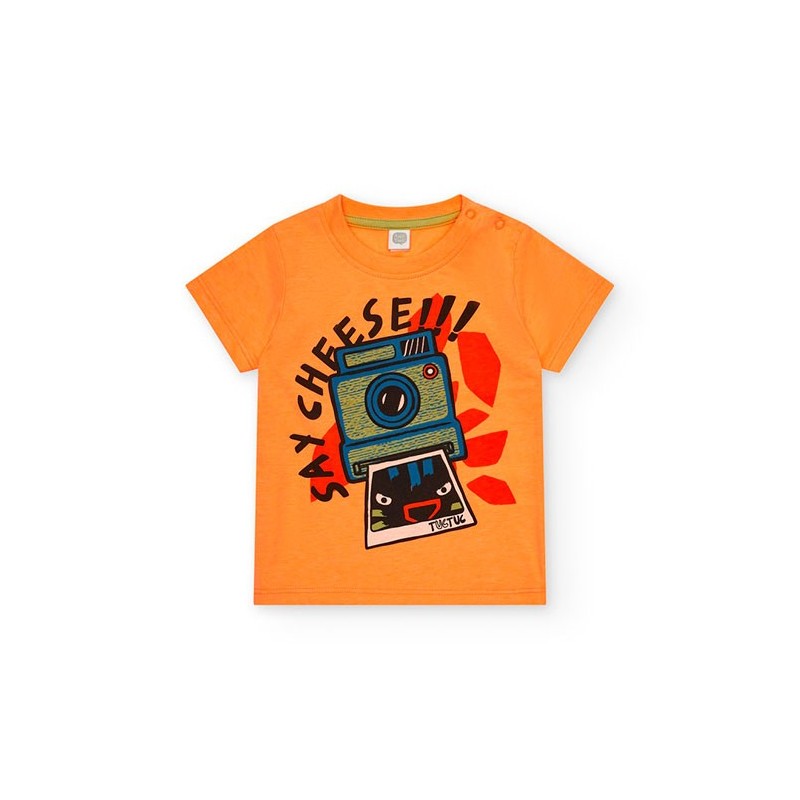 Camiseta naranja estampada cámara polaroid