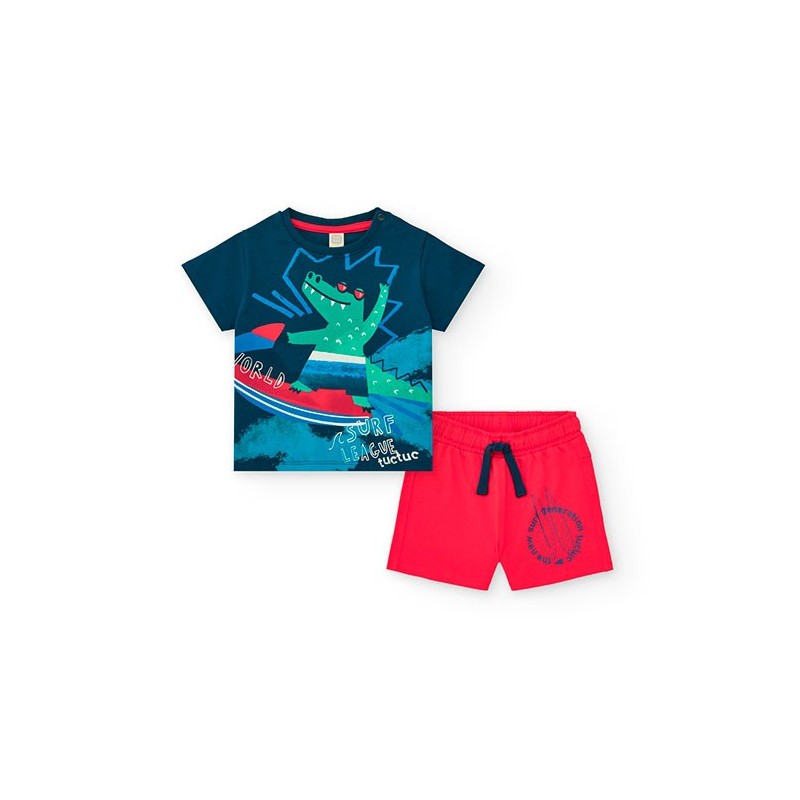 Conjunto camiseta cocodrilo tabla surf + short rojo