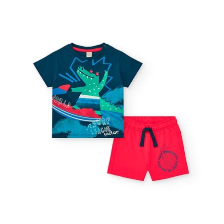 Conjunto camiseta cocodrilo tabla surf + short rojo de Tuc Tuc