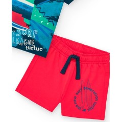 Conjunto camiseta cocodrilo tabla surf + short rojo de Tuc Tuc