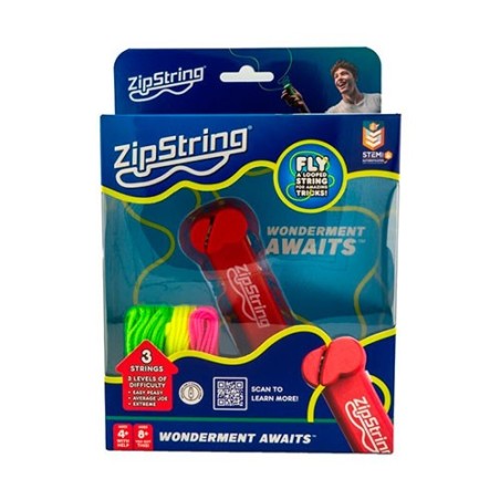 Juguete ZipString Rock’it Red original lanzando una cuerda roja que flota en el aire