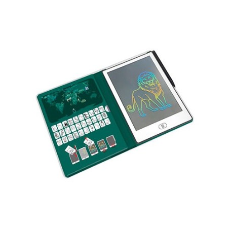 Tableta de dibujo Kidydraw Mini de Kidywolf color verde con mapa del mundo y tarjetas de animales