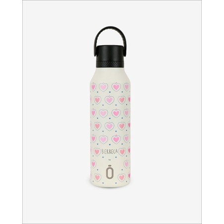 Botella térmica Runbott Mii 60 color crema con estampado de corazones rosas y azules ilustrado por Berreca
