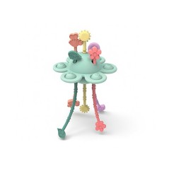Juguete sensorial y mordedor de silicona flexible en color verde con formas de jardín de la marca Little L