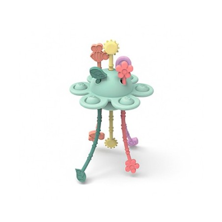 Juguete sensorial y mordedor de silicona flexible en color verde con formas de jardín de la marca Little L