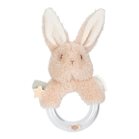 Sonajero de tela con forma de anillo y cabeza de conejito suave en color beige natural de Little Dutch