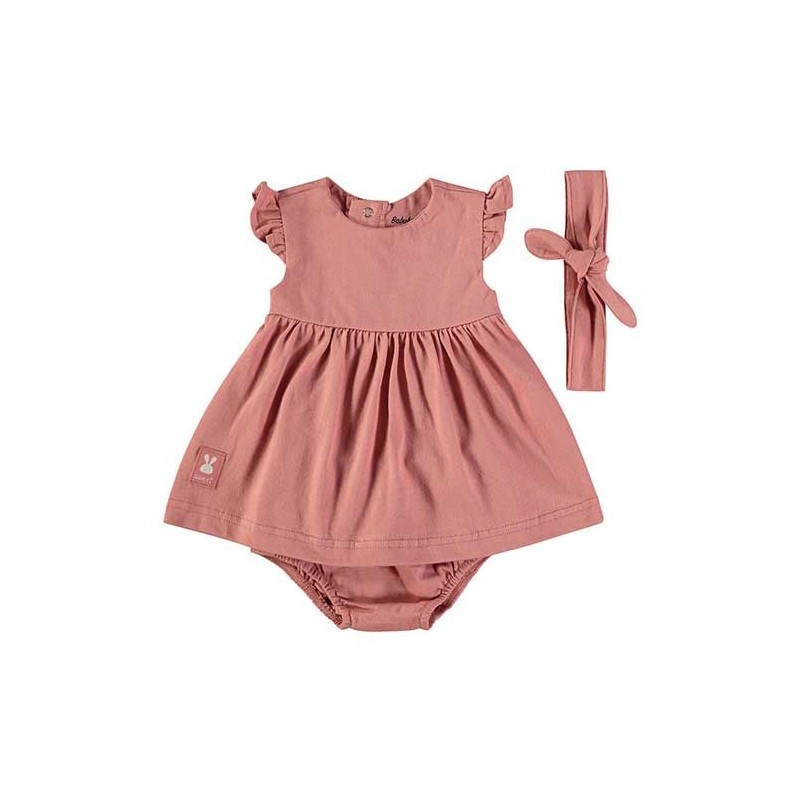 Conjunto Bebé: Vestido + Braga + Cinta(Rosa Palo)
