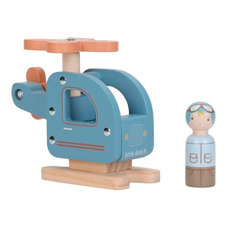 Helicóptero de madera azul de Little Dutch con hélices giratorias y certificación FSC