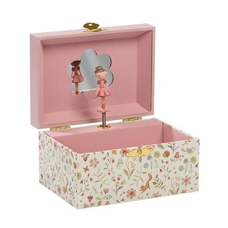 Caja de música rectangular rosa de Little Dutch con ilustración de hadas y bailarina interior.
