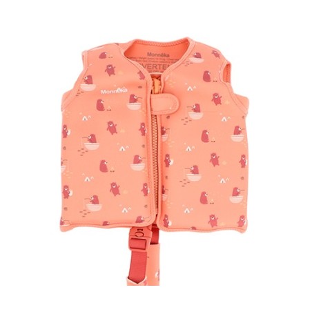 Chaleco flotador de neopreno color melocotón diseño Camping Monnëka personalizable con nombre en vinilo textil en La Comba