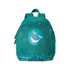 Mochila infantil de rejilla verdosa turquesa con ballenas Monnëka personalizable con nombre en vinilo textil en La Comba