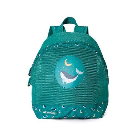 Mochila infantil de rejilla verdosa turquesa con ballenas Monnëka personalizable con nombre en vinilo textil en La Comba