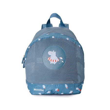 Mochila infantil de rejilla azul diseño hipopótamo Monnëka personalizable con nombre en vinilo textil en La Comba