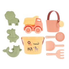 Set de juguetes de playa ecológicos Monnëka 2026 diseño Wild Animals mostaza y verde en La Comba.