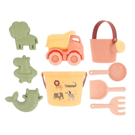 Set de juguetes de playa ecológicos Monnëka 2026 diseño Wild Animals mostaza y verde en La Comba.