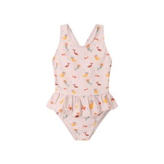Bañador infantil para niña rosa con espalda cruzada y volantes Mermaid Cats Monnëka La Comba