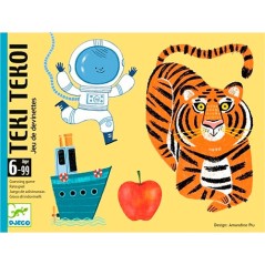 Caja del juego de cartas Téki-Tékoi de Djeco con ilustraciones de un astronauta, un tigre, un barco y una manzana
