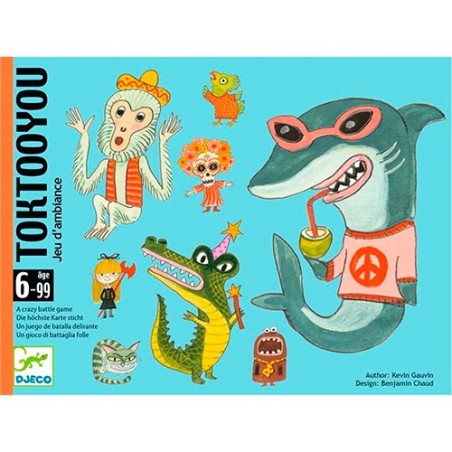 Caja del juego de cartas Toktooyou de Djeco con dibujos de un tiburón bebiendo coco, un mono y un cocodrilo