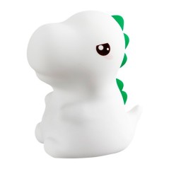 Lámpara de noche infantil con forma de dinosaurio T-Rex blanco con cresta verde Mary's junto a su caja en La Comba