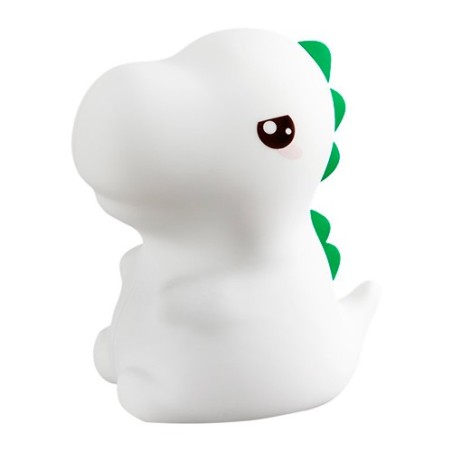 Lámpara de noche infantil con forma de dinosaurio T-Rex blanco con cresta verde Mary's junto a su caja en La Comba