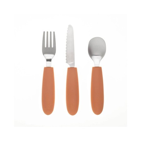 Set de tres cubiertos KiddiKutter compuesto por cuchara, tenedor y cuchillo de seguridad en acero inoxidable