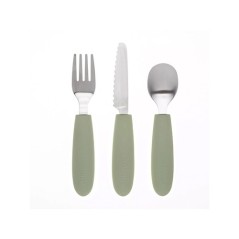 Set de tres cubiertos KiddiKutter compuesto por cuchara, tenedor y cuchillo de seguridad en acero inoxidable