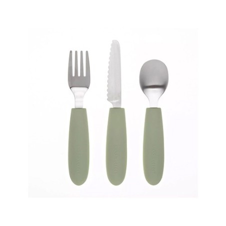 Set de tres cubiertos KiddiKutter compuesto por cuchara, tenedor y cuchillo de seguridad en acero inoxidable
