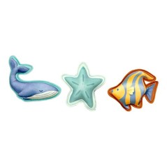 Set de tres juguetes de buceo de neopreno con forma de ballena azul, pez amarillo y estrella de mar verde de Little Dutch