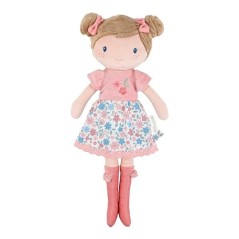 Muñeca de trapo suave Rosa de Little Dutch de 35 cm con falda de flores, moños con lazos rosas y botas con pompón.