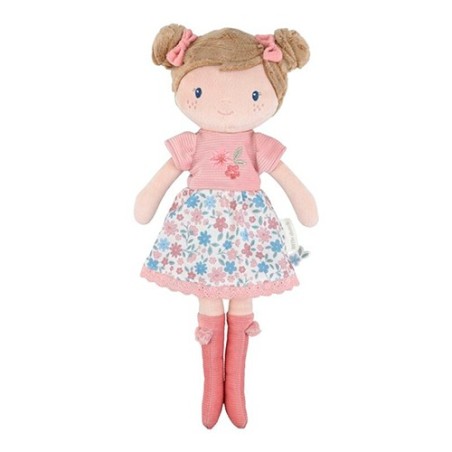 Muñeca de trapo suave Rosa de Little Dutch de 35 cm con falda de flores, moños con lazos rosas y botas con pompón.