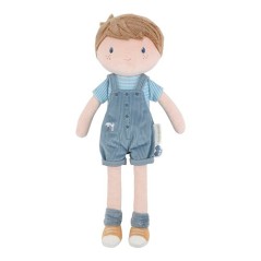 Muñeco de trapo suave Jim de Little Dutch de 35 cm con peto de pana azul y camiseta a rayas.