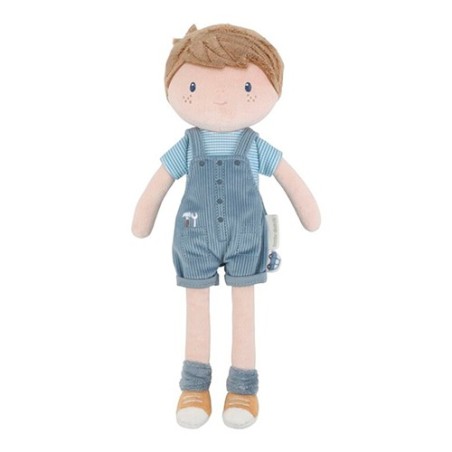 Muñeco de trapo suave Jim de Little Dutch de 35 cm con peto de pana azul y camiseta a rayas.