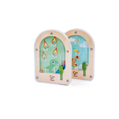 Expositor de juegos Pocket Pinball de madera de Hape con diseños de dinosaurio y carpincho, juguetes portátiles de habilidad.