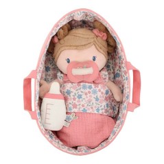 Muñeca bebé Rosa de Little Dutch dentro de su canastilla de viaje rosa con estampado floral, chupete magnético y biberón