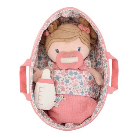 Muñeca bebé Rosa de Little Dutch dentro de su canastilla de viaje rosa con estampado floral, chupete magnético y biberón
