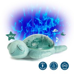 Peluche proyector Tranquil Turtle Verde recargable proyectando olas marinas azules en el techo con iconos de sensor de llanto