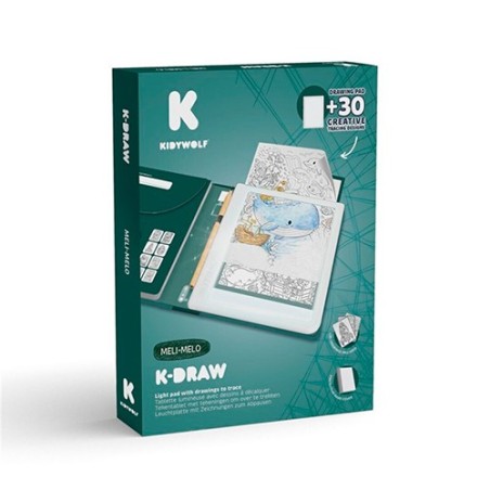 Caja de la tableta de dibujo retroiluminada K-Draw Pad Meli-Melo de Kidywolf en tonos verde oscuro, mostrando una ilustración