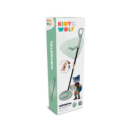 Caja del detector de metales infantil Kidymetal de Kidywolf de color verde claro, mostrando el brazo telescópico y un zorro