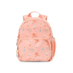 Mochila infantil pequeña de color rosa salmón con dibujos de ratoncitas hadas y calabazas, con asas acolchadas y rejilla