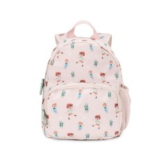 Mochila infantil pequeña de color rosa claro con estampados de niños de madera inspirados en Pinocho, hadas y grillos