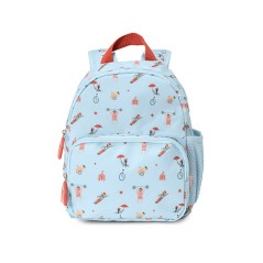Mochila infantil pequeña de color azul claro con estampados de circo como forzudos , con asa superior color teja y rejilla