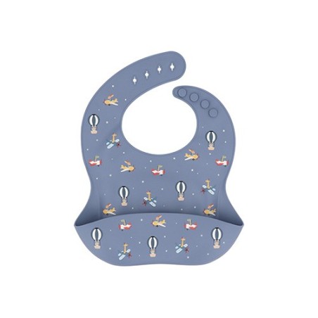 Babero de silicona Tutete de color azul grisáceo con estampado de aviones, estrellas y globos aerostáticos