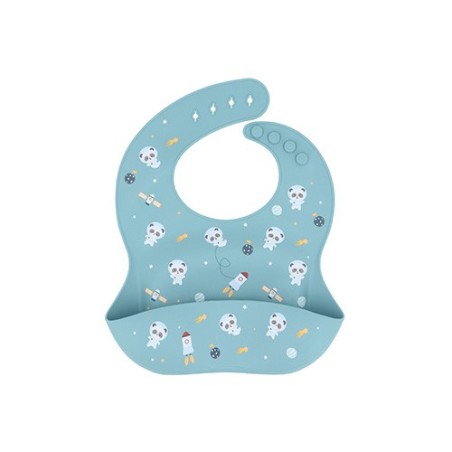 Babero de silicona Tutete decorado con un estampado de osos panda vestidos de astronautas, cohetes y planetas