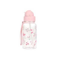 Botella infantil de Tritán transparente de Tutete con estampado de pajaritos blancos y pequeñas flores rosas