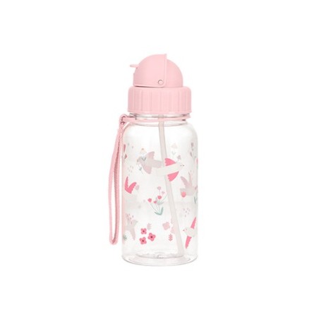 Botella infantil de Tritán transparente de Tutete con estampado de pajaritos blancos y pequeñas flores rosas